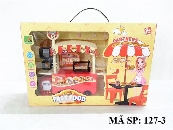 127-3 HỘP KỆ BẾP XE ĐẨY BÁNH HAMBURGER + BÀN + 2 GHẾ (CAM)