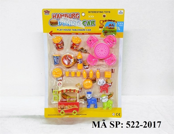 522-2017 VĨ BẾP XE ĐẨY BÁNH+ BÀN+ 4 GHẾ+ HAMBURGER, KHOAI, 3 LY + 3C CHÓ CỨU HỘ