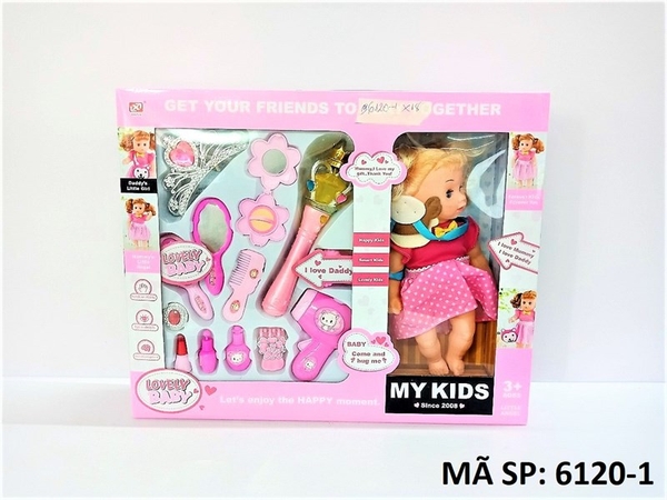 6120-1 HỘP VALI TRANG ĐIỂM MÁY SẤY, VƯƠNG MIỆN, KẸP TÓC, LƯỢC, GƯƠNG, CÂY CHỚP PIN, + 1C BABY ĐẦM NƠ (MY KIDS)
