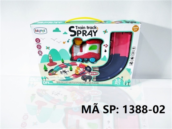 1388-02 HỘP ĐƯỜNG RAY XE LỬA PIN PHUN KHÓI + 2C THÚ (BÒ, VOI) 35 MIẾNG Train Track Spray