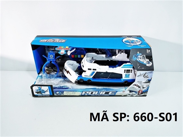 660-S01 HỘP TÀU SĂN CÁ MẬP PIN NÚT ĐÈN + 2C XE SẮT TRỚN (XE CS, TRỰC THĂNG) + 1C CÁ MẬP (KHÔNG MẶT KIẾNG) Police Garage