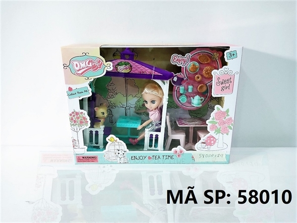 58010 HỘP BÀN ĂN XÍCH ĐU + 1C BABY KHỚP + 1C MÈO + BÀN GHẾ + BÁNH, TÁCH TRÀ Enjoy Tea Time O.M.Girly