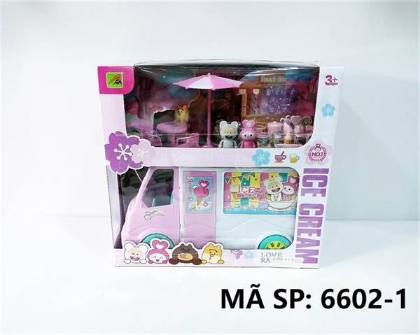 6602-1 HỘP BẾP XE BUS PIN ĐÈN KEM+ BÀN+ GHẾ+ DÙ+ GẤU ICE CREAM