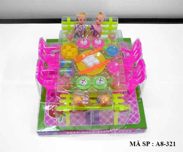 A8-321 HỘP KIẾNG BÀN ĂN 4 BÉ + 6 GHẾ (2 GHẾ DÀI), BÀN THỨ ĂN ( LY, BÁNH BAO, NƯỚC NGỌT, CHÉN DĨA, DAO, NĨA)