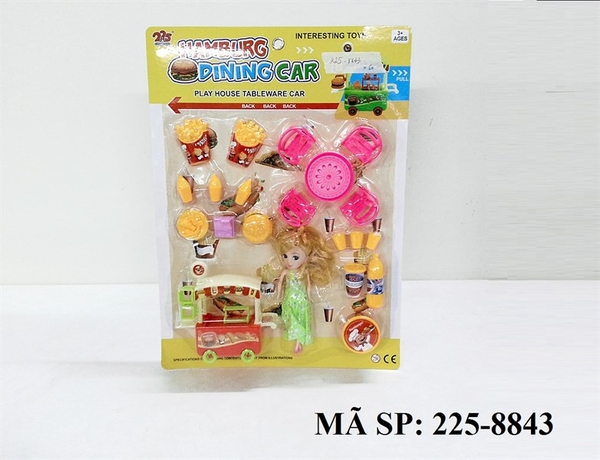 225-8843 VĨ BẾP XE ĐẨY BÁNH+ 1C BABY +BÀN+ 4 GHẾ+ HAMBURGER, KHOAI, 3 LY + HŨ HAMBURGER