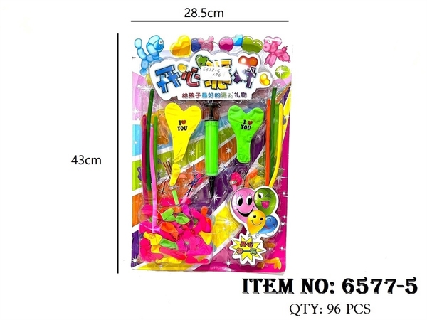 6577-5 VỈ BONG BÓNG 3 KIỂU (TRÒN, DÀI, TIM) + ỐNG BƠM + KÈN BONG BÓNG