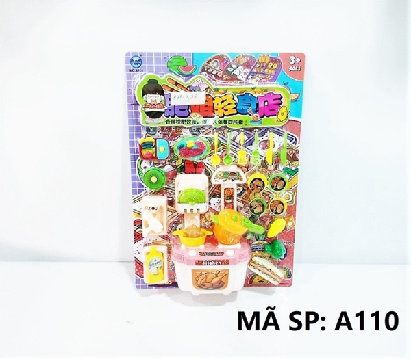 A110 VỈ KỆ BẾP BỒN RỬA RAU + NỒI, 2 KHÂY CƠM, CHÉN DĨA + GÀ, BÔNG CẢI, BẮP, KIWI + DAO, MUỖNG, NĨA + XÀ BÔNG