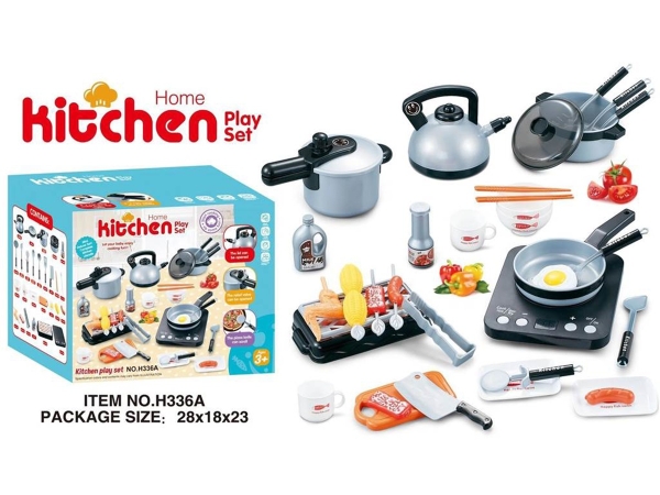 H336A  HỘP BẾP ĐIỆN PIN, LÒ NƯỚNG, 2 NỒI, 1 CHẢO, ẤM NƯỚC, CHÉN DĨA, DAO, THỚT, GIÁ  H336A