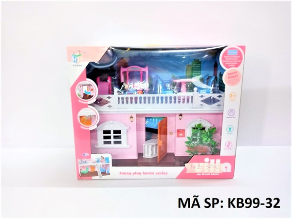 KB99-32 HỘP NỘI THẤT NHÀ ĐÈN MÀU + SÂN THƯỢNG + BÀN GHẾ, XÍCH ĐU, CẦU TUỘT, THAU TẮM, 3 BÉ