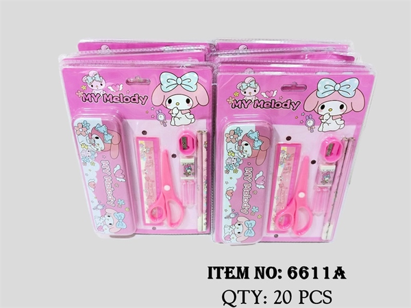 6611A1  TÚI 1 VỈ ÉP BỘ DỤNG CỤ HỌC TẬP SANRIO 7 MÓN (HỘP BÚT, VIẾT CHÌ, GÔM, CHUỐT, THƯỚC, KÉO)
