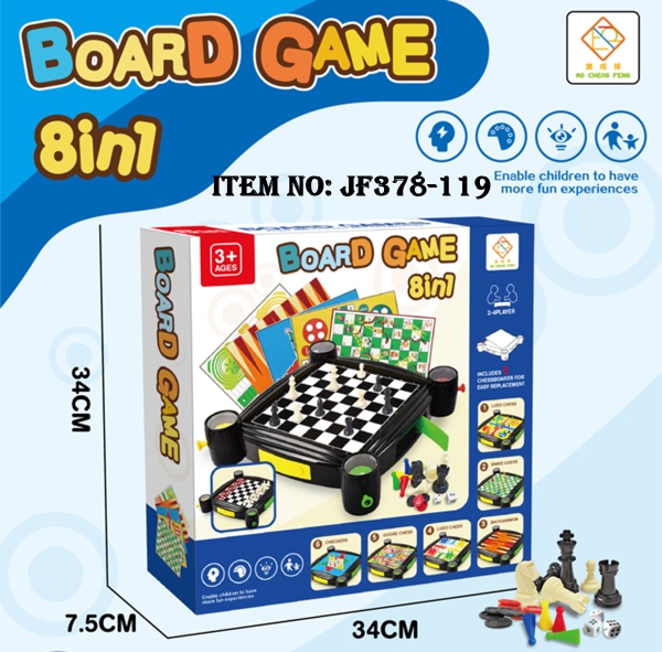 JF378-119  HỘP CỜ VUA, CÁ NGỰA, CỜ ĐAM, RẮN LEO THANG, CỜ TƯỚNG 8 IN 1