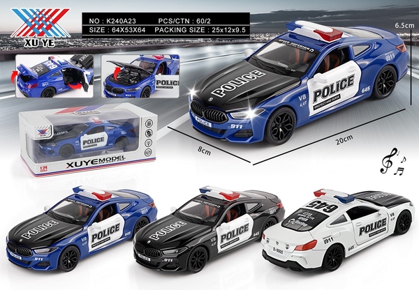 K240A23  HỘP XE HƠI CẢNH SÁT SẮT MÔ HÌNH, MỞ CỬA, CỐP TRƯỚC PIN NÚT NHẠC ĐÈN