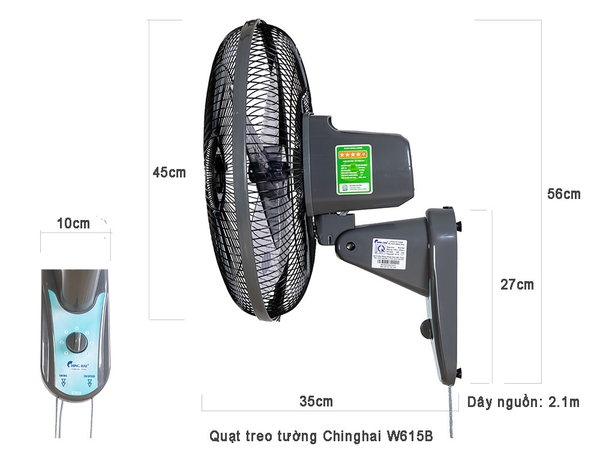 Quạt treo tường chinghai W-615B3, sải cánh 40cm, 2 dây kéo