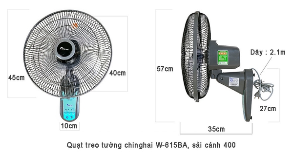 Quạt treo tường chinghai W-615A3 sải cánh 40cm, điều khiển từ xa