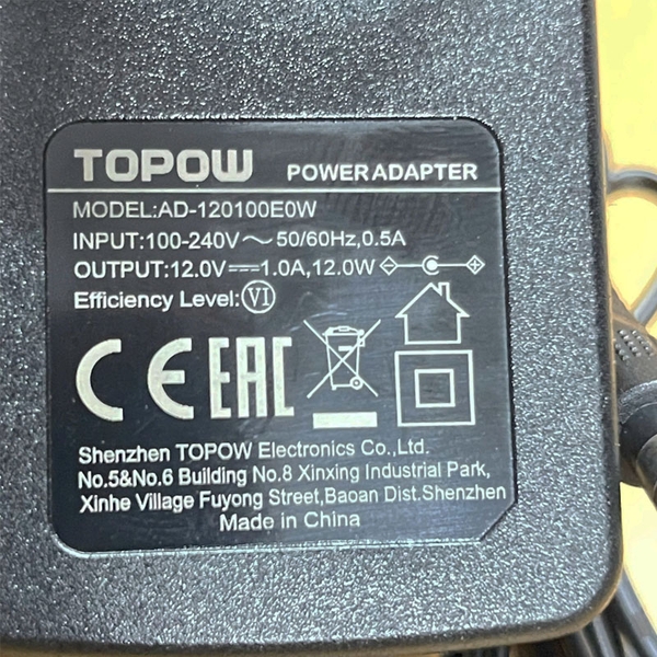 Adapter 12V 1A AD-120100E0W Shenzhen TOPOW Connector Size Tip 5.5mm x 2.1mm