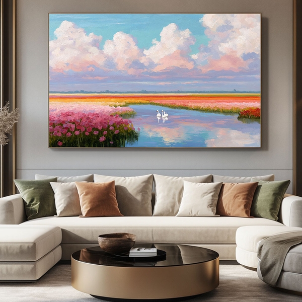 Tranh Thiên Nga Đón Bình Minh Giữa Đầm Mẫu Đơn | HMD35