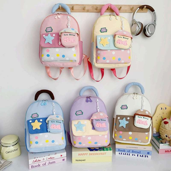 Balo chấm bi phối màu kèm túi cute bunny