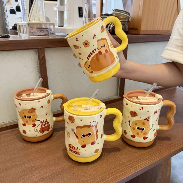 Cốc sứ bánh mì bánh quy + ống hút