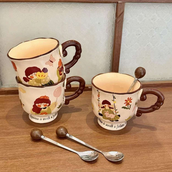 Cốc sứ cô gái vintage kèm muỗng