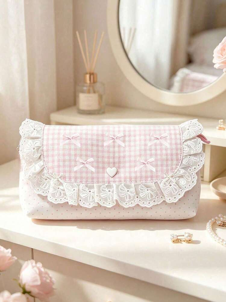 Bóp viết chấm bi hồng ren hình nơ