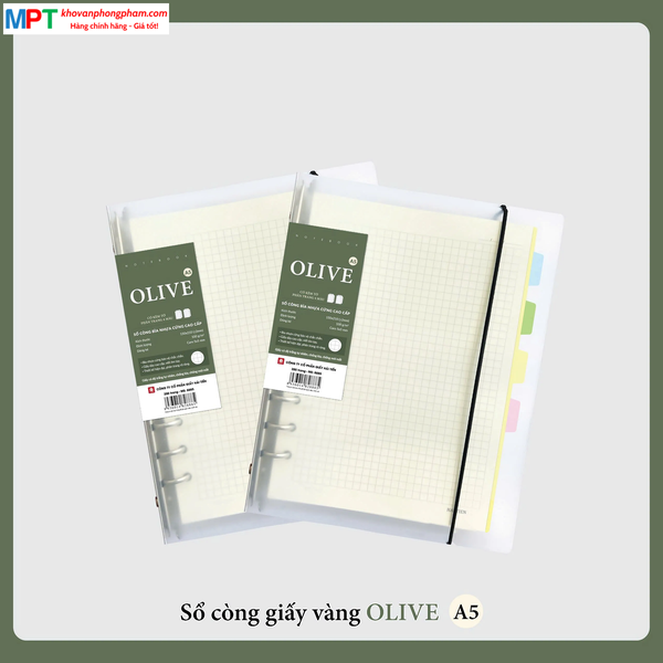 Sổ còng bìa nhựa OLIVE 200 trang 8885 khổ A5 - Dòng kẻ Caro, kèm 4 tờ phân trang
