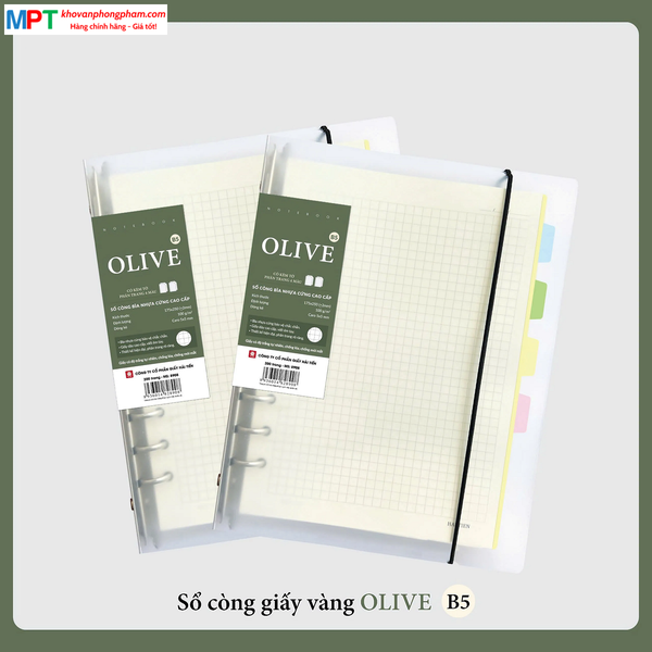 Sổ còng bìa nhựa OLIVE 200 trang 8908 khổ B5 - Dòng kẻ Caro, kèm 4 tờ phân trang