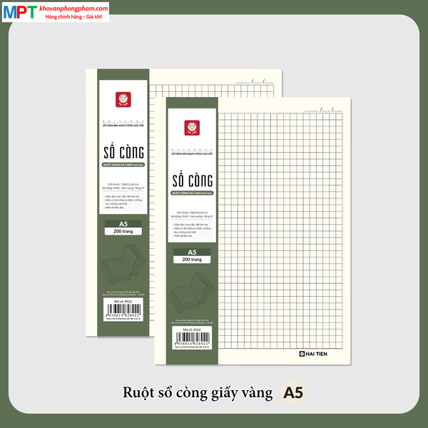 Ruột sổ còng giấy vàng chống lóa khổ A5 Hải Tiến 200 trang 8922 - Dòng kẻ caro, KT: 150x210mm - Định lượng 100gsm