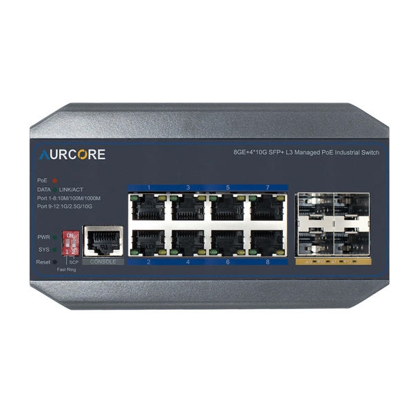 Switch công nghiệp AurCore AIS4001P L2+ | 8GE | 4G SFP+ | PoE/PoE+