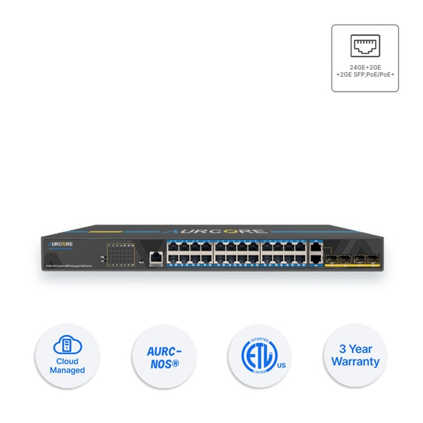 Thiết bị Switch doanh nghiệp Aurcore AES2002P 24 x GE | 2 x GE Combo | 2 x GE SFP, PoE/PoE+