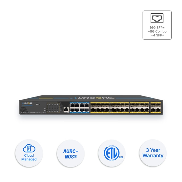 Thiết bị Switch doanh nghiệp Aurcore AES4010 16 x GE SFP | 8 x GE Combo | 4 x 10GE SFP+