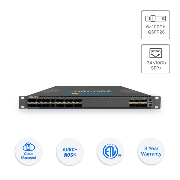 Thiết bị mạng - Bộ chuyển mạch Aurcore 24 cổng 10Gigabit SFP+, 6 cổng 100Gigabit QSFP28, model: AES6001