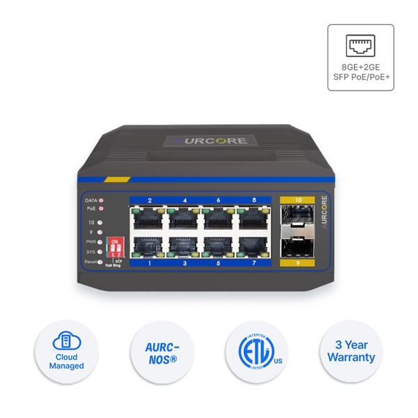 Thiết bị mạng - Bộ chuyển mạch Aurcore, PoE/PoE+, 8 cổng GE, 2 cổng Gigabit SFP, model: AIS2002P