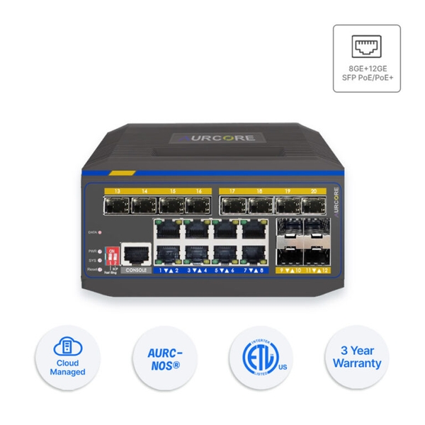 Thiết bị mạng - Bộ chuyển mạch Aurcore, PoE/PoE+, 8 cổng GE, 12 cổng Gigabit SFP, model: AIS2004P