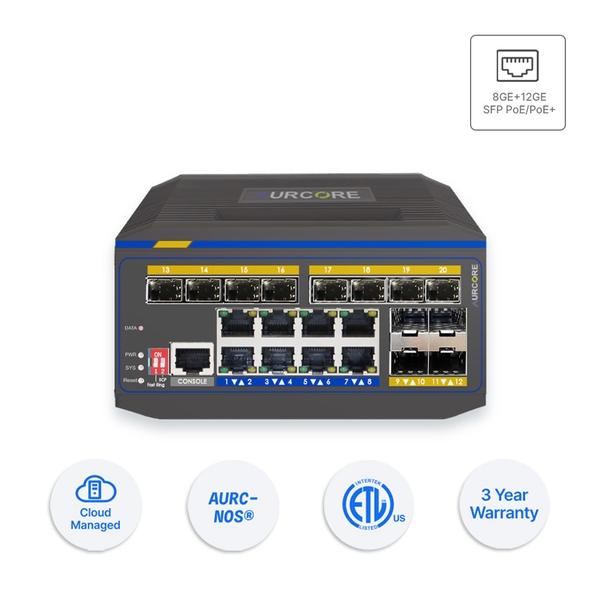 Switch công nghiệp AurCore AIS2004P L2+ 8GE | 12GE SFP | PoE/PoE+