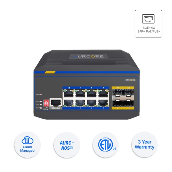 Switch công nghiệp AurCore AIS4001P L2+ | 8GE | 4G SFP+ | PoE/PoE+