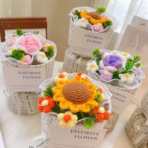 Quà tặng bó hoa len mini vải dạ Tweed kèm túi đựng và đèn nháy