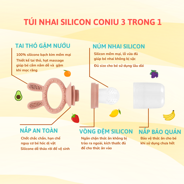 Túi Nhai Ăn Dặm, Núm Nhai Ăn Dặm Cho Bé Chống Hóc Coniu Gồm 3 Size Chất Liệu Silicone Mềm Mại (Hộp 01 Chiếc)