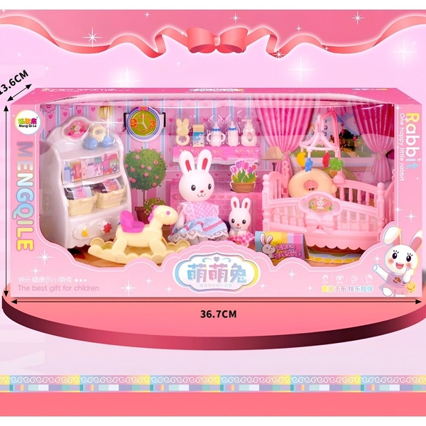 5501C  HỘP NỘI THẤT NHÀ, GIƯỜNG, KỆ, NGỰA GỖ + 2C THỎ