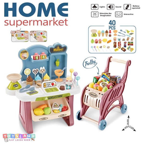 668-83  HỘP KỆ QUẦY TÍNH TIỀN SIÊU THỊ PIN + XE ĐẨY SIÊU THỊ 40 MIẾNG   Home Supermarket