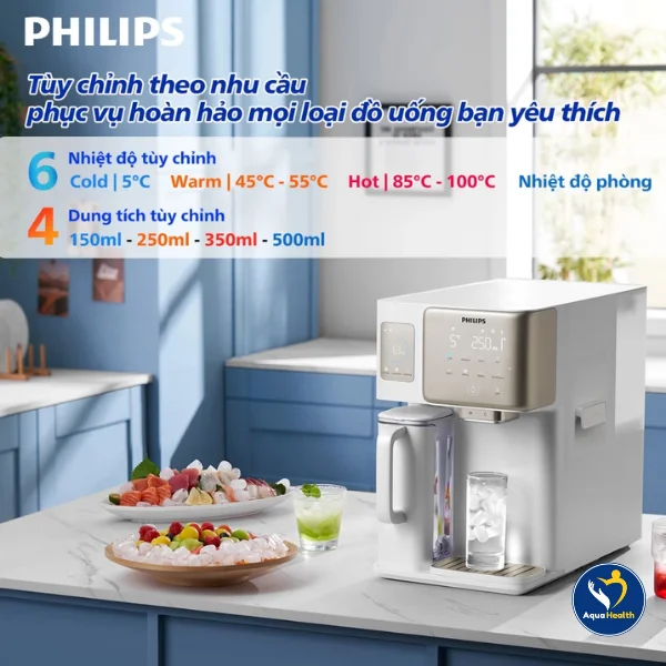 6 mức nhiệt độ và 4 định mức dung tích tuỳ chỉnh của máy lọc nước làm đá Philips ADD6922CG/97
