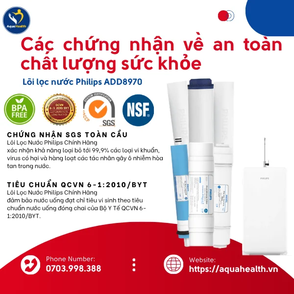 Lõi lọc nước Philips ADD8970 được chứng nhận an toàn chất lượng sức khoẻ