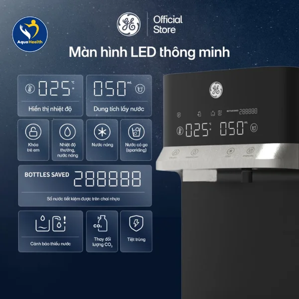 máy lọc nước nóng lạnh GE - đèn cảm biến và màn hình LED dễ dàng thao tác