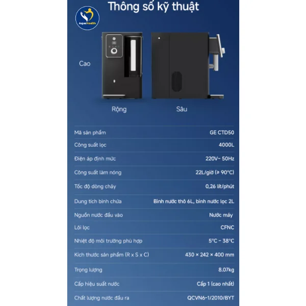  thông số kỹ thuật máy lọc nước GE CTD50 để bàn