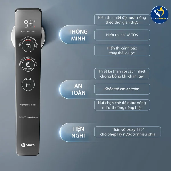 Máy lọc nước A.O Smith LUX-AOU800HOT - Vòi nước điện tử đa dạng chức năng
