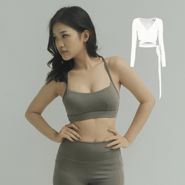 aeyo I Bộ đồ tập yoga gym nữ áo dây chéo, quần đùi cạp cao Aura kèm áo khoác cột dây Lace