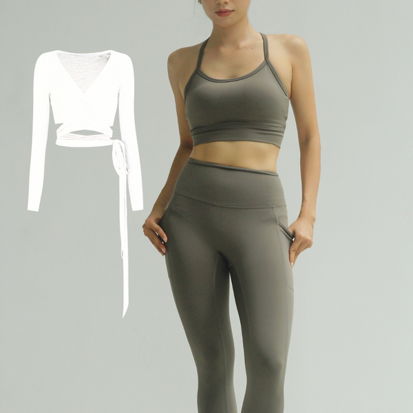 aeyo I Bộ đồ tập yoga gym nữ áo dây chéo, quần dài cạp cao Dynamic kèm áo khoác cột dây Lace