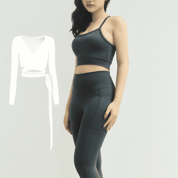 aeyo I Bộ đồ tập yoga gym nữ áo dây chéo, quần dài cạp cao Dynamic kèm áo khoác cột dây Lace