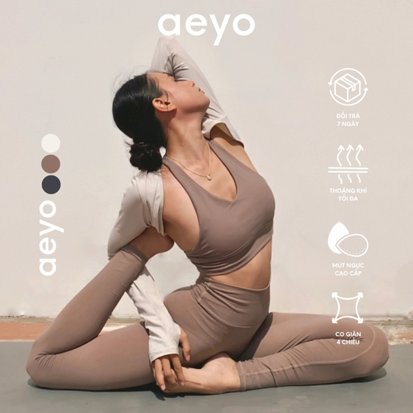 Áo bra thể thao yoga Aura Feminine, cổ chữ V, màu nâu và màu be, chất liệu aeyoFit, ôm vừa vặn