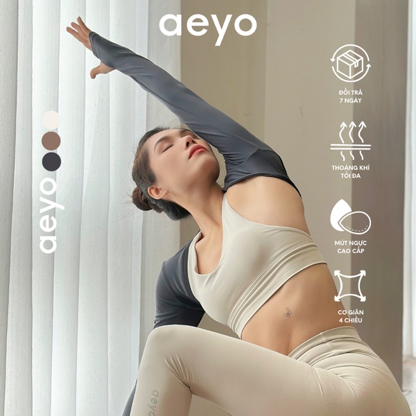 Áo bra thể thao yoga Aura Feminine, cổ chữ V, màu nâu và màu be, chất liệu aeyoFit, ôm vừa vặn