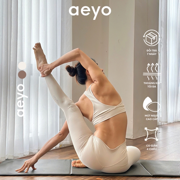 Áo bra thể thao yoga Aura Feminine, cổ chữ V, màu nâu và màu be, chất liệu aeyoFit, ôm vừa vặn